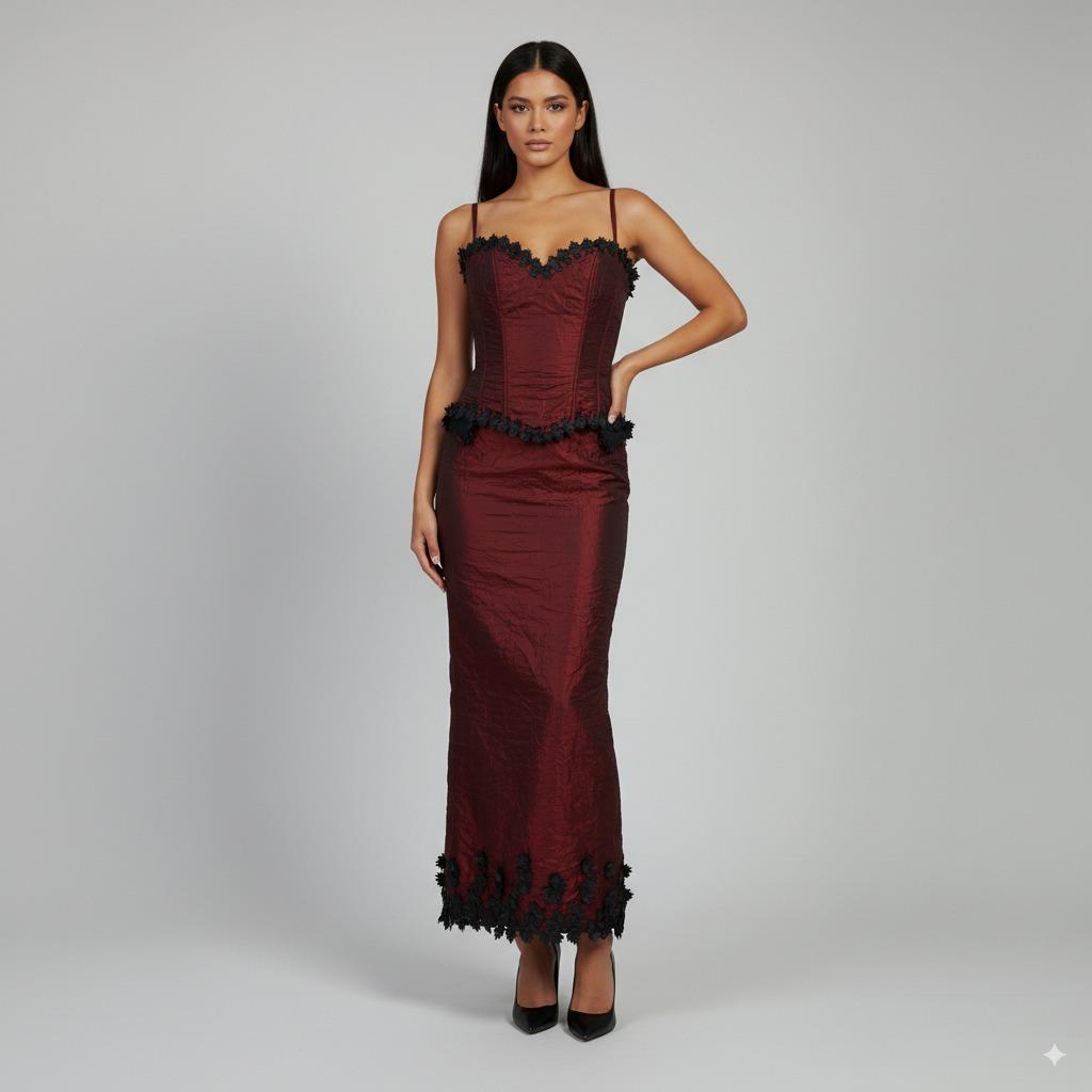 Red corset top with black lace