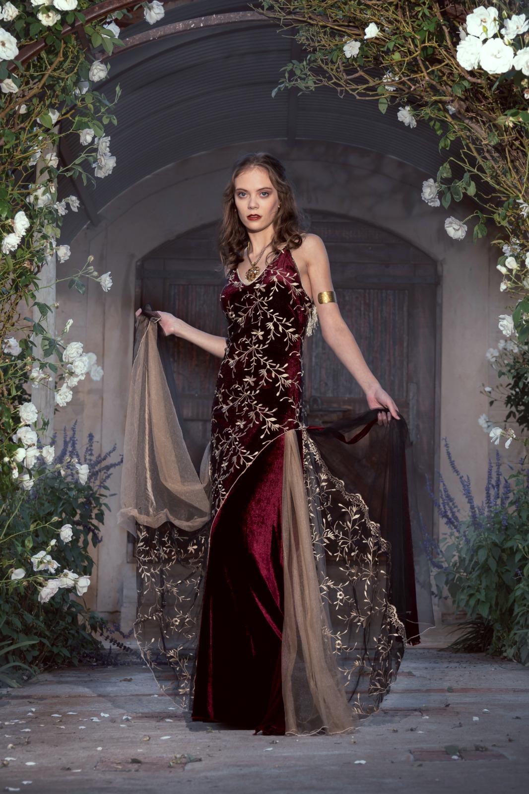 Black red and silver floor length dress